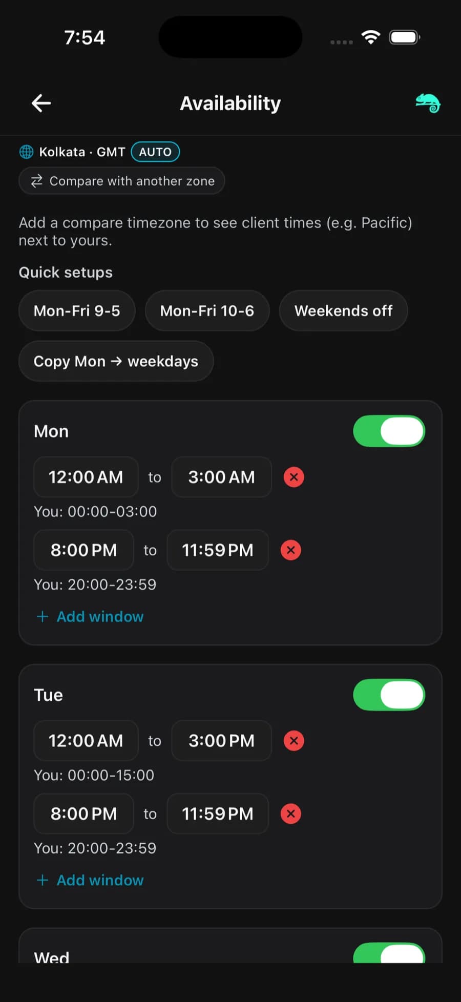 Lesuto Connect Availability screen