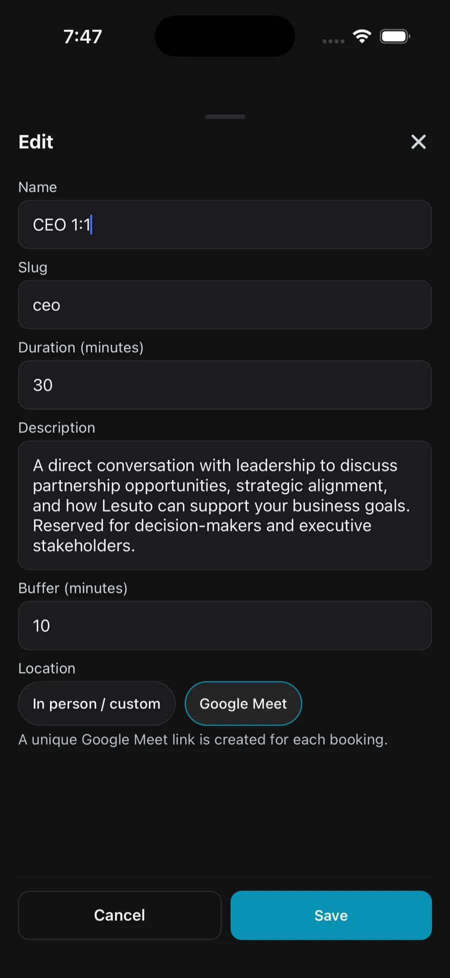 Lesuto Connect Edit Meeting Types screen