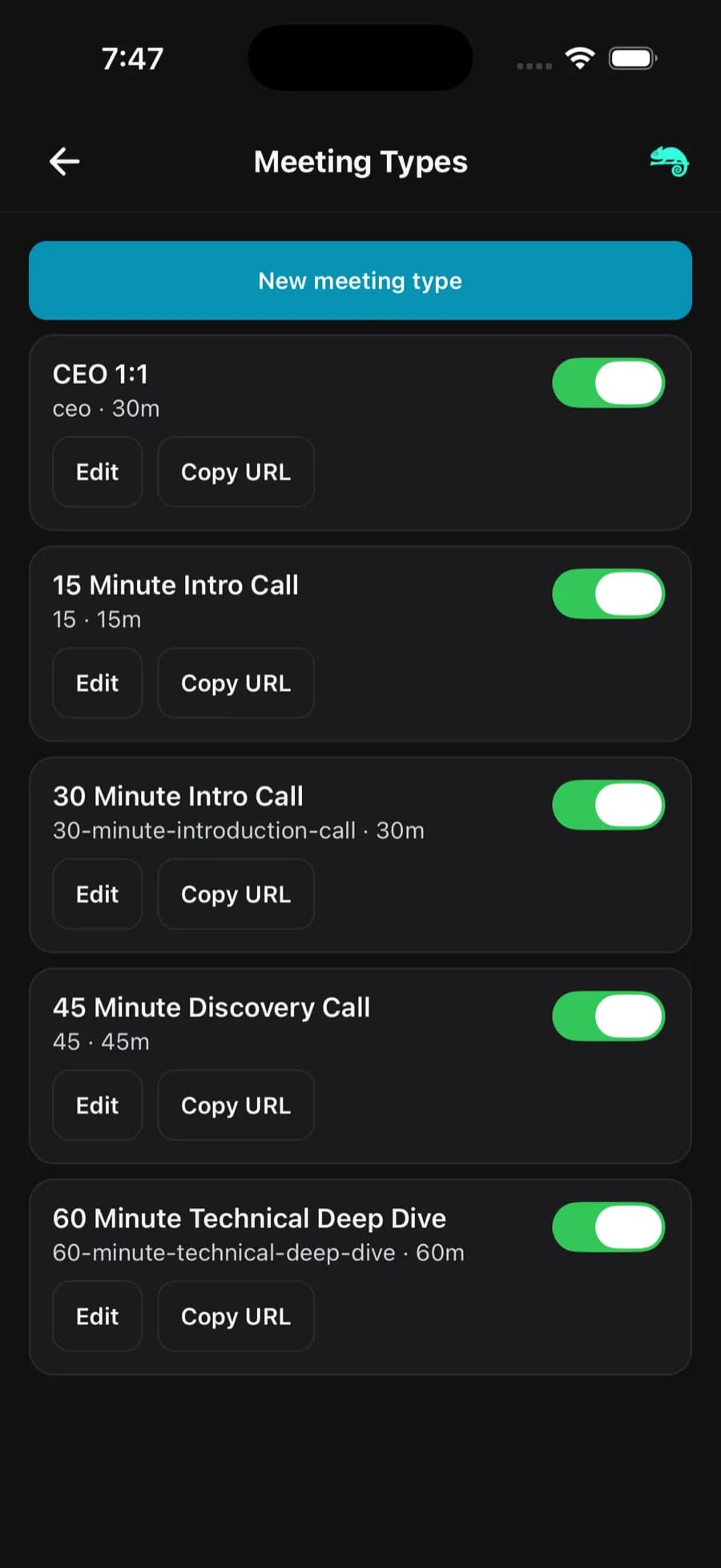 Lesuto Connect Meeting Types screen