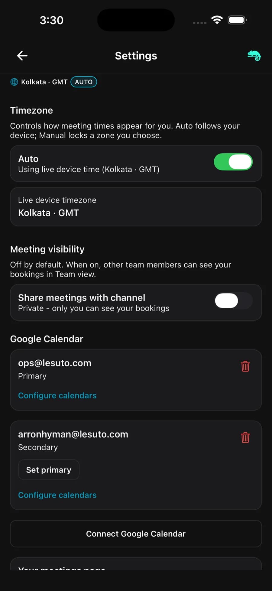 Lesuto Connect Settings screen