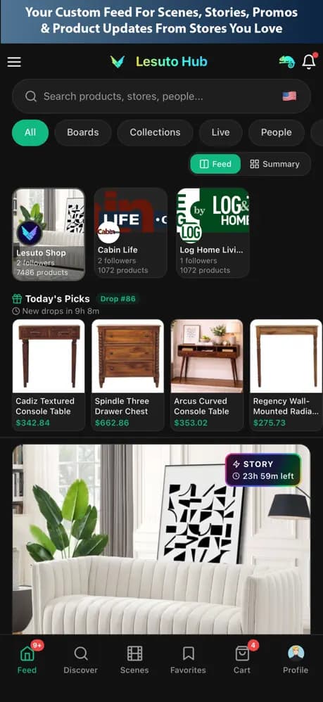 Lesuto Hub app: feed, today's picks, and stories on iPhone