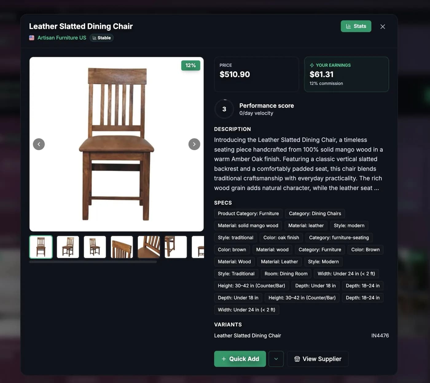 Marketplace product details: gallery, list price, your earnings, commission, and Quick Add