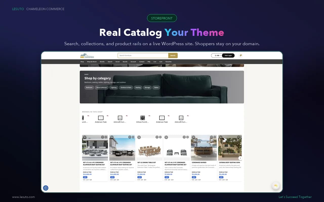 Lesuto catalog on a live WordPress theme: search, collections, and product rails