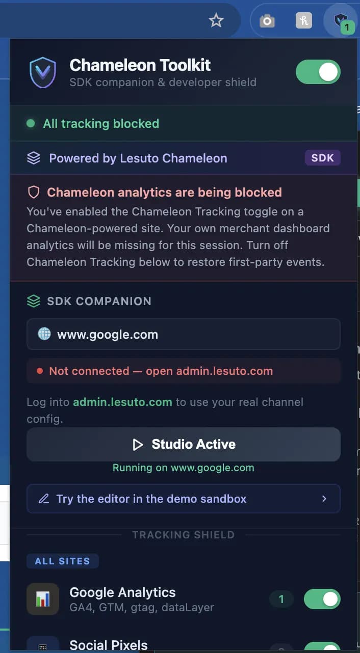 Chameleon Toolkit popup with SDK companion and tracking shield