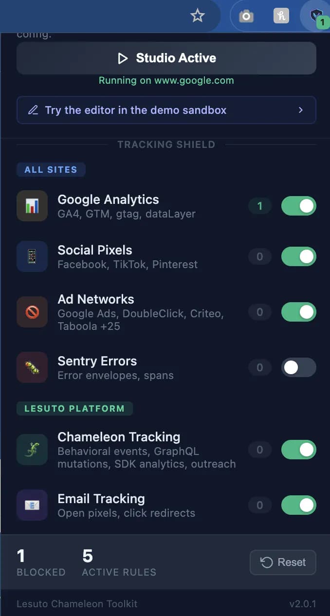 Tracking Shield category toggles including Lesuto Platform rules