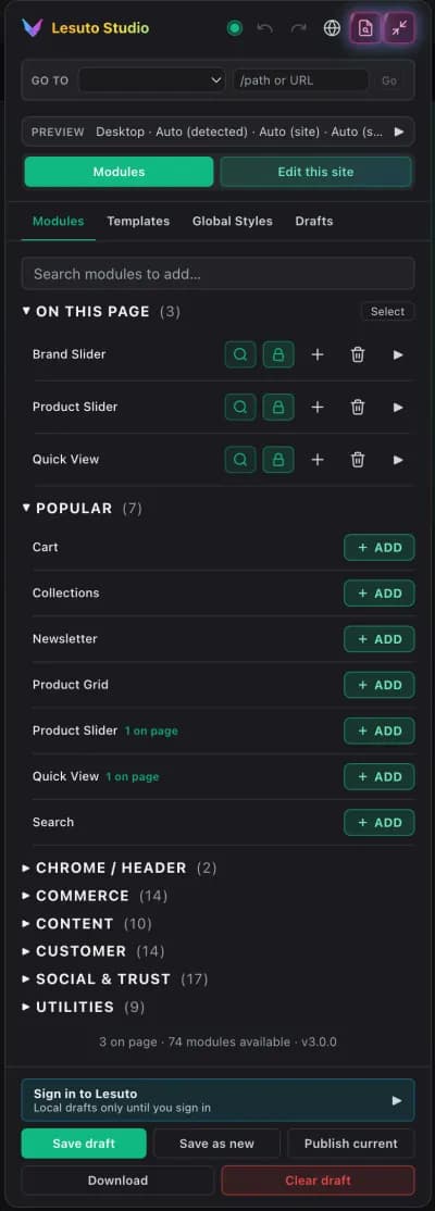 Chameleon Studio module picker with drag-and-drop onto a live page