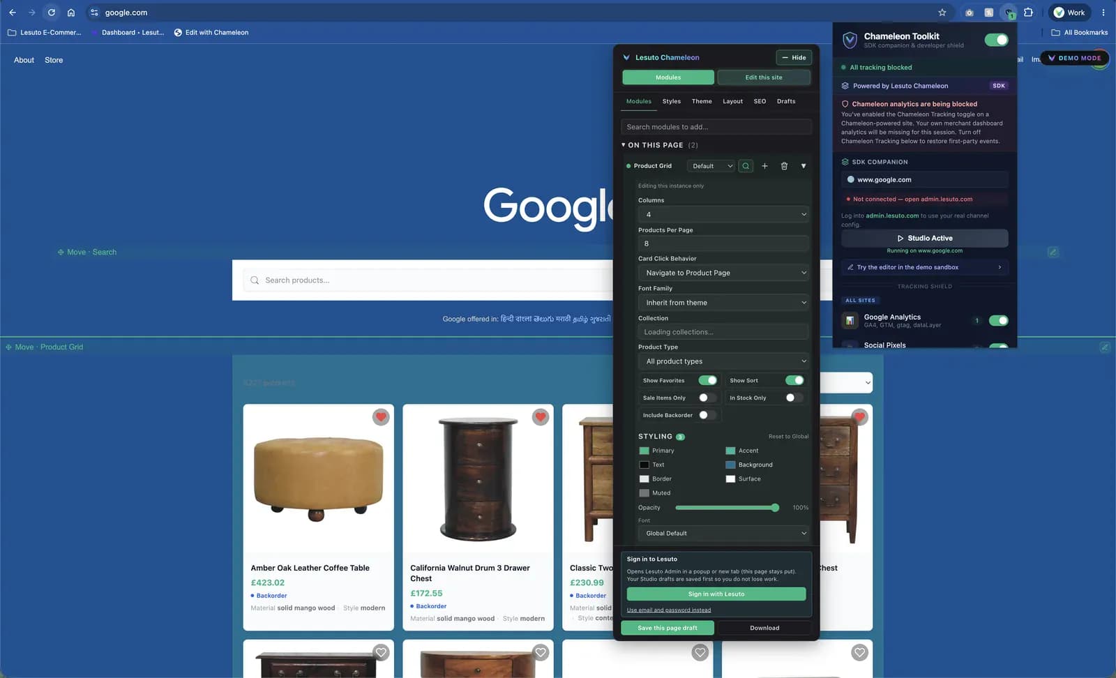 Chameleon Studio editing a live page with Product Grid and Toolkit popup