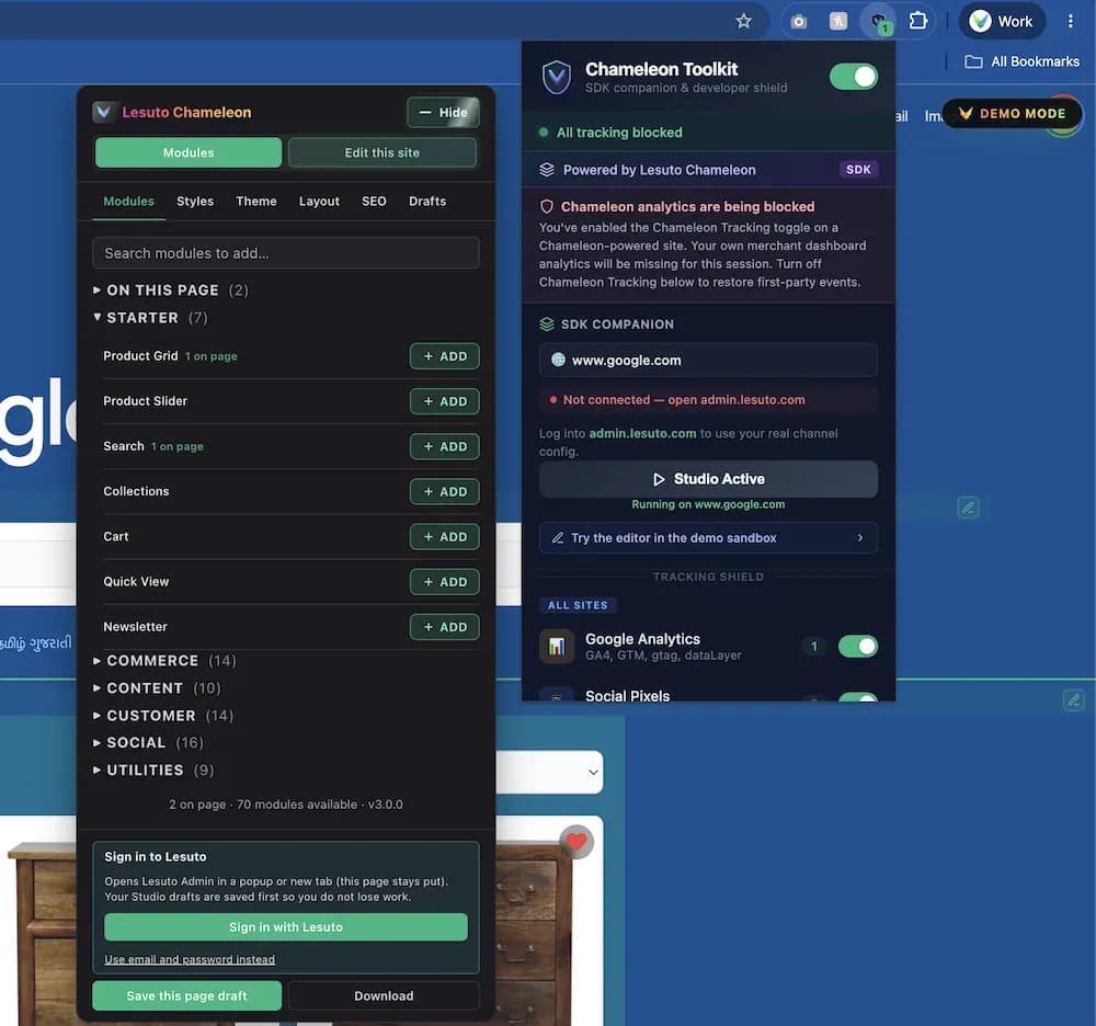 Chameleon Studio module picker beside the Toolkit popup