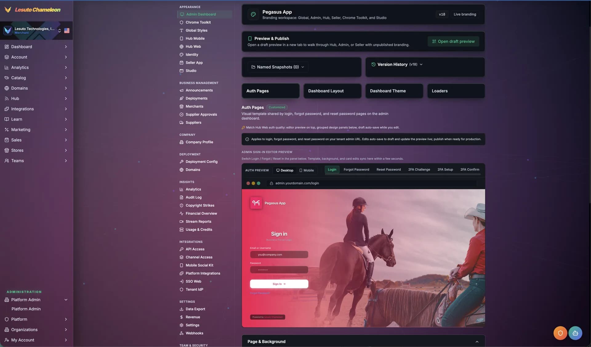 White-label branding editor with custom login, domains, and tenant chrome