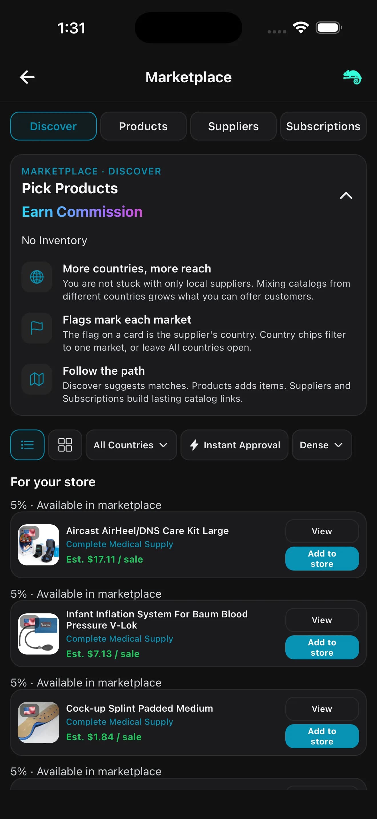 Lesuto Seller Discover: pick products and add to store from your phone