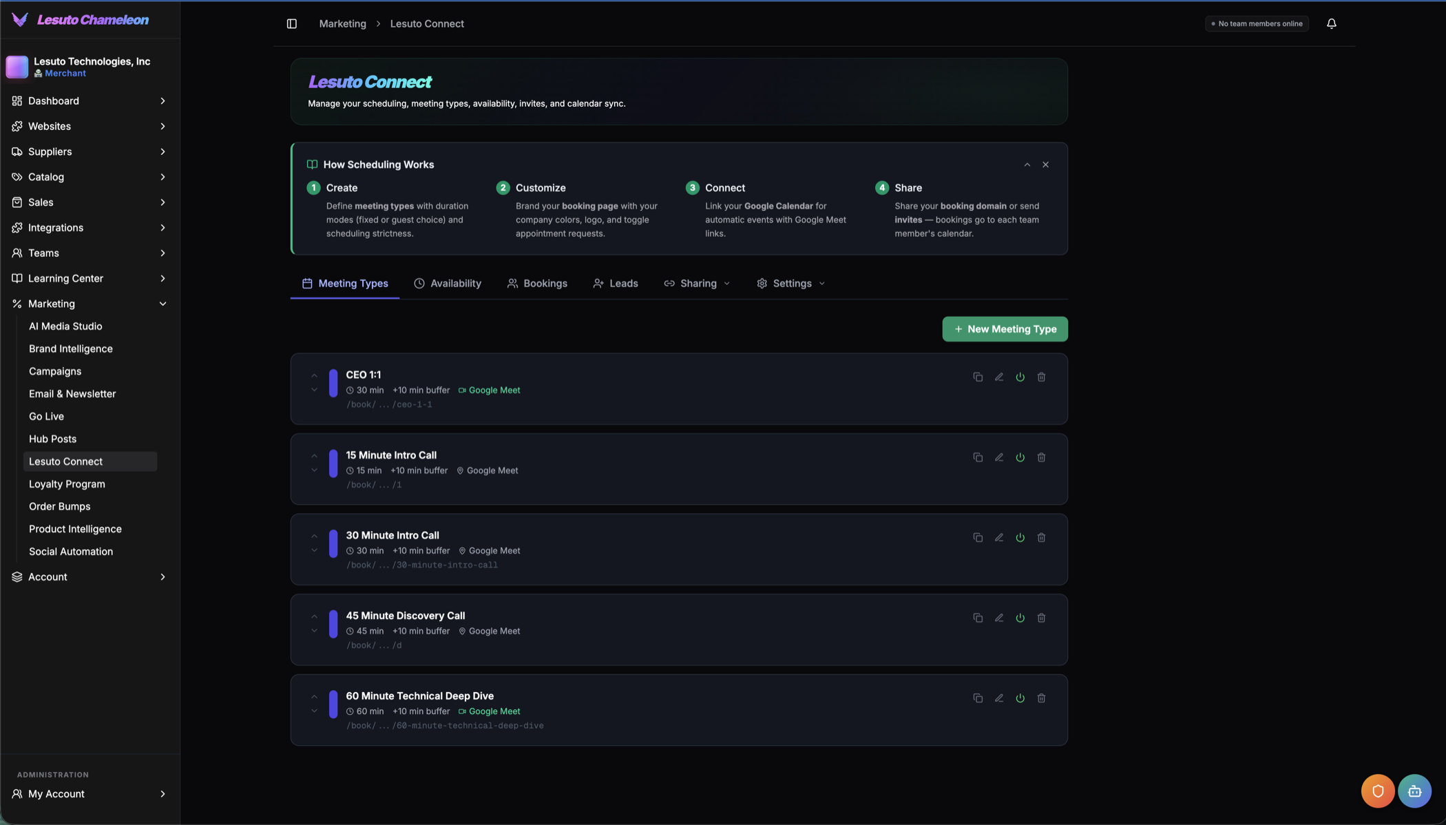 Lesuto Connect admin dashboard showing meeting type setup, availability configuration, and Google Calendar integration